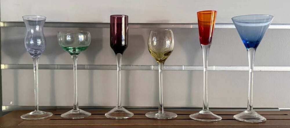 Set of 6 Artland Mix and Match Multi-Colored Long Stem Cordial Liqueur Glasses